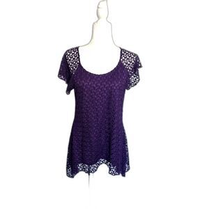 ROSALIE Asymmetrical Flutter Sleeve Lace Short Sleeve Top Royal Purple, Size S